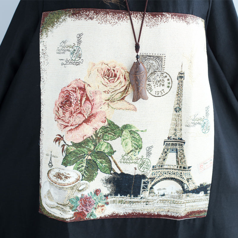 New Black Print Cotton Linen Dresses Long Sleeve Maternity Dress