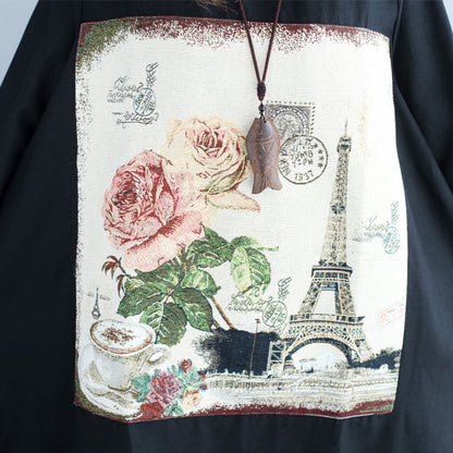 New Black Print Cotton Linen Dresses Long Sleeve Maternity Dress