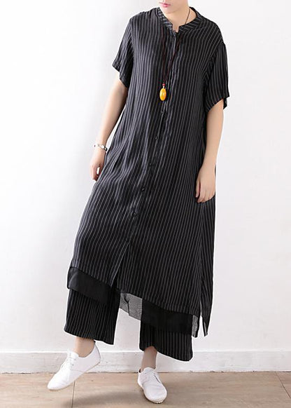 New Black Chiffon Striped Two Pieces Long Shirt With Wide Leg Pants