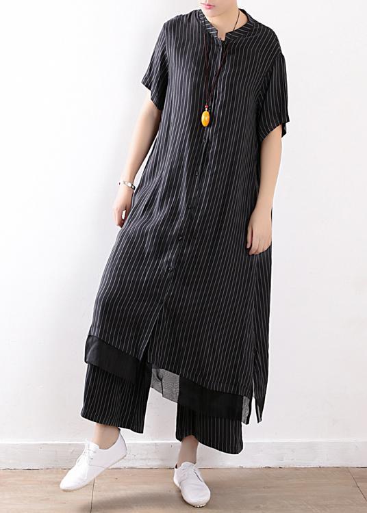 New Black Chiffon Striped Two Pieces Long Shirt With Wide Leg Pants