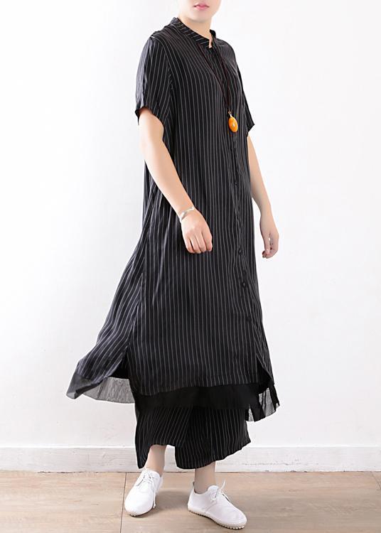 New Black Chiffon Striped Two Pieces Long Shirt With Wide Leg Pants