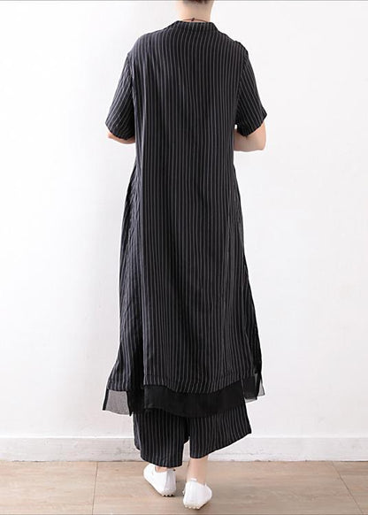 New Black Chiffon Striped Two Pieces Long Shirt With Wide Leg Pants