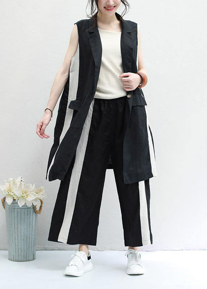 New Black Striped Vest and Elastic Waist Wide Leg Pants