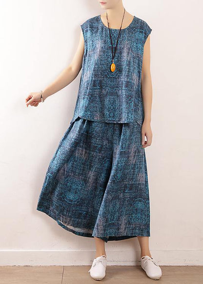 New Blue Prints Linen Loose Tops and Elastic Waist Crop Pants