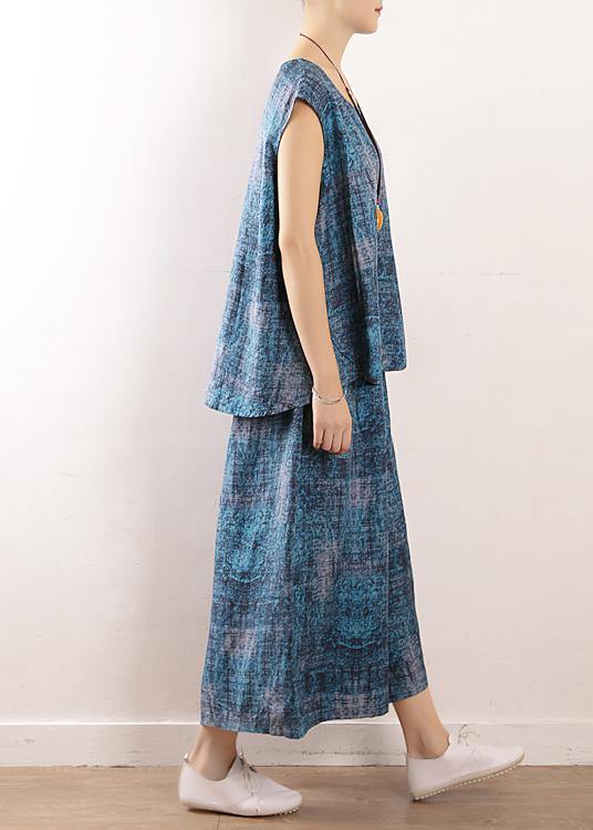 New Blue Prints Linen Loose Tops and Elastic Waist Crop Pants