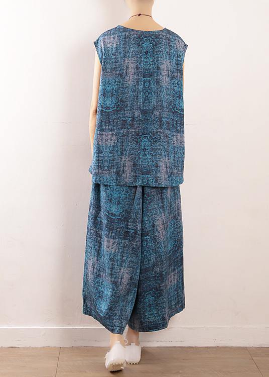 New Blue Prints Linen Loose Tops and Elastic Waist Crop Pants