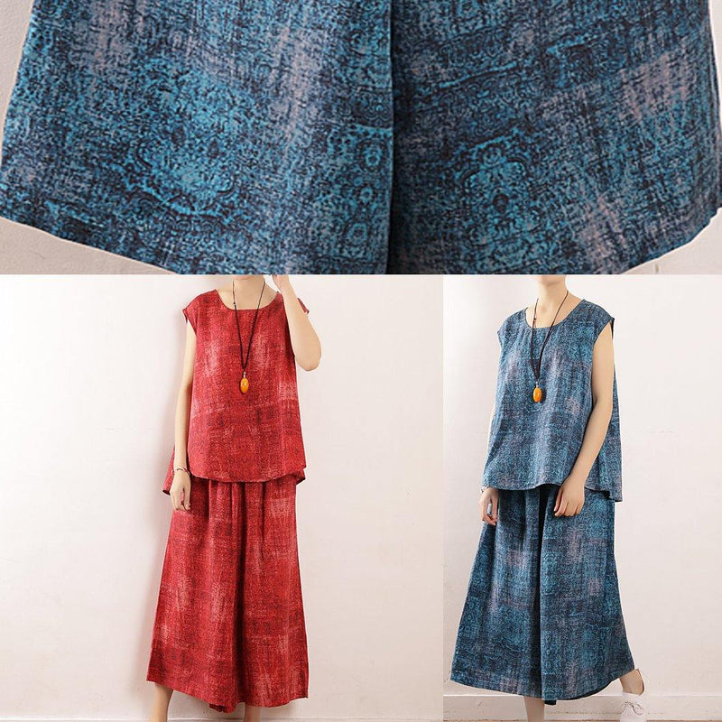 New Blue Prints Linen Loose Tops and Elastic Waist Crop Pants