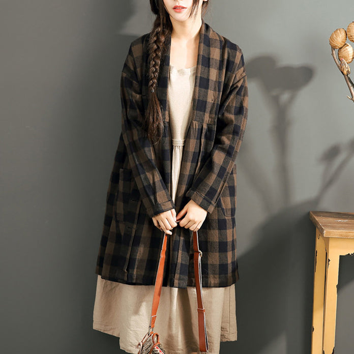 New Chocolate Grid Cotton Cardigans Long Sleeve High Waist Shirt Coats