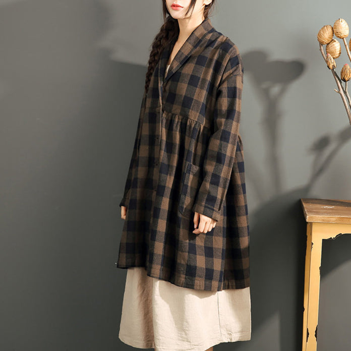 New Chocolate Grid Cotton Cardigans Long Sleeve High Waist Shirt Coats