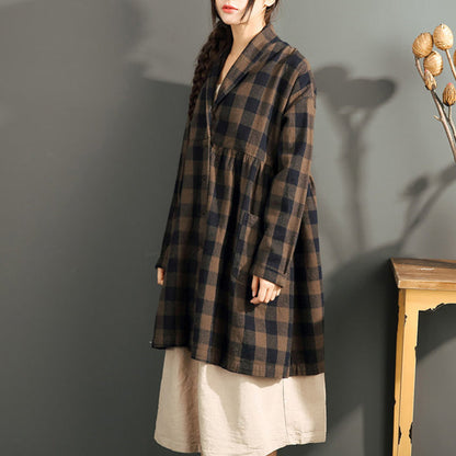 New Chocolate Grid Cotton Cardigans Long Sleeve High Waist Shirt Coats
