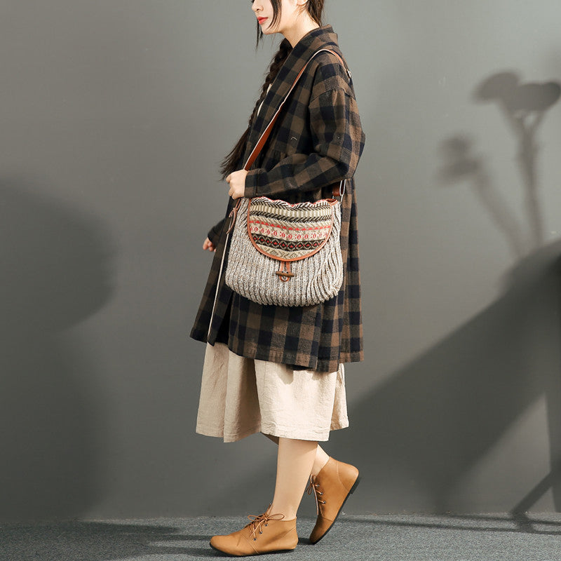New Chocolate Grid Cotton Cardigans Long Sleeve High Waist Shirt Coats