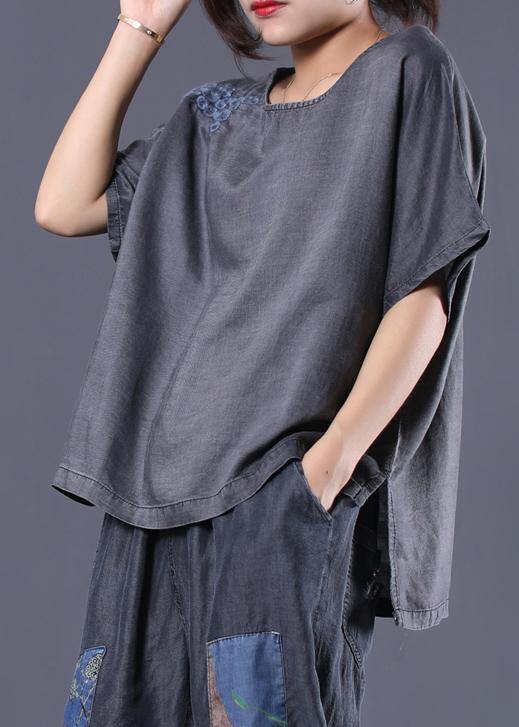 New Cotton Embroidery O Neck Tops With Crop Pants Black Two Pieces