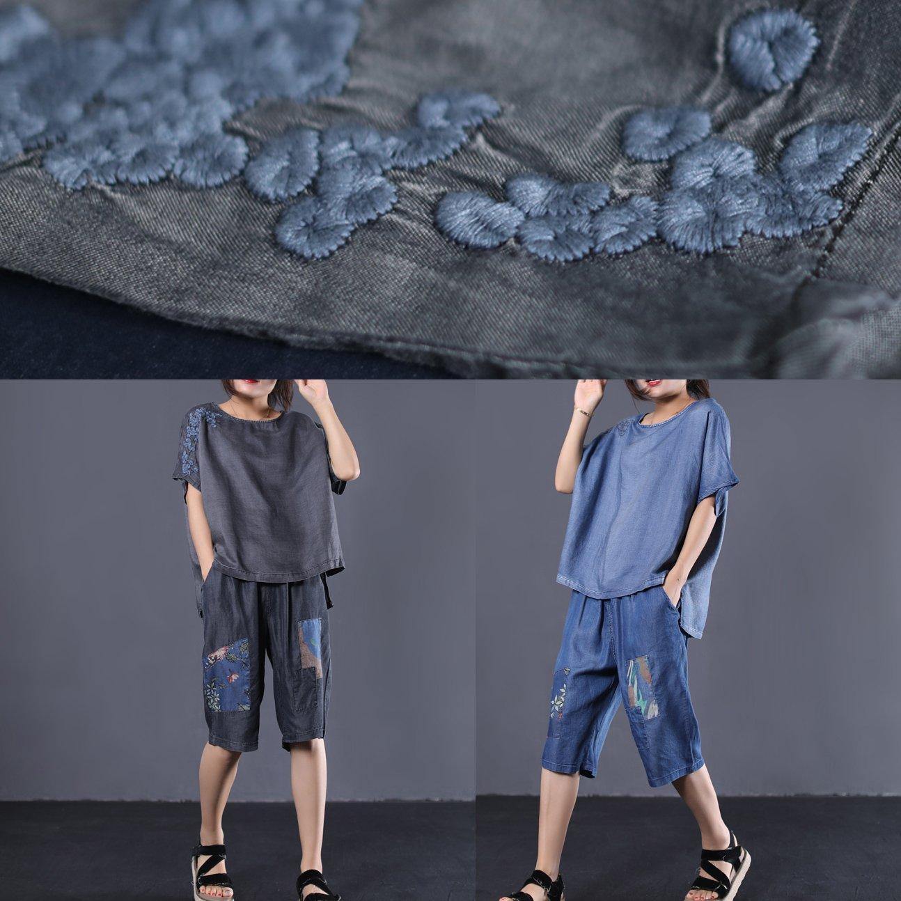 New Cotton Embroidery O Neck Tops With Crop Pants Black Two Pieces