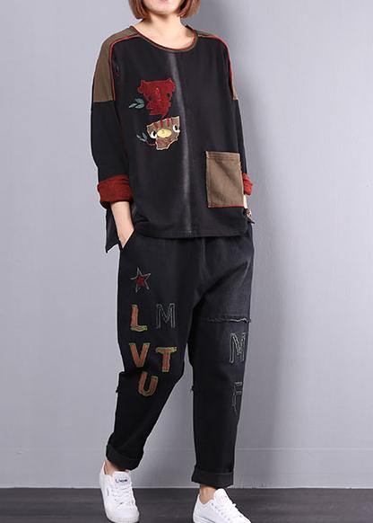 New Fall Cotton Black Patchwork Blouse With Harem Pants
