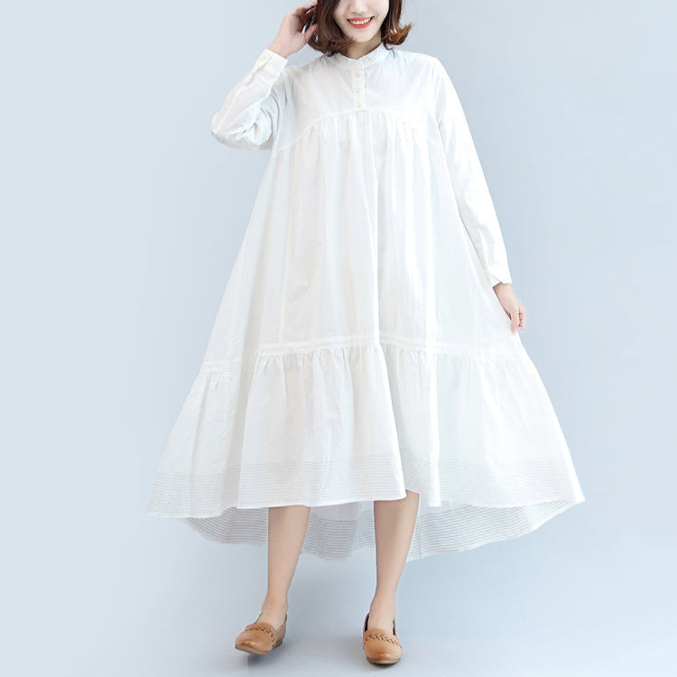 New Fall White Cotton Dress Long Sleeve Maxi Dress