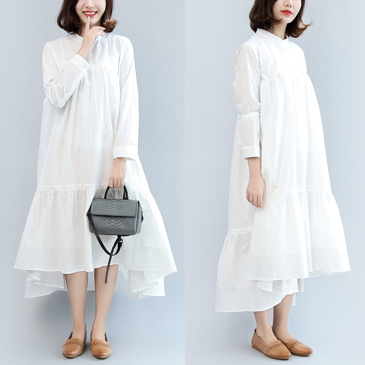 New Fall White Cotton Dress Long Sleeve Maxi Dress