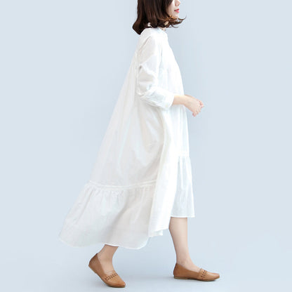 New Fall White Cotton Dress Long Sleeve Maxi Dress