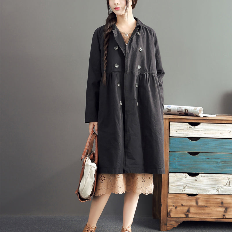 New Black Cotton Long Outwear High Waist Warm Double Breast Trench Coats