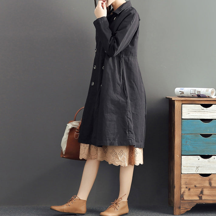 New Black Cotton Long Outwear High Waist Warm Double Breast Trench Coats