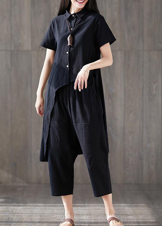 New Lapel Asymmetric Tops and Harem Pants Black Two Pieces