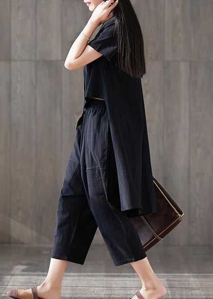 New Lapel Asymmetric Tops and Harem Pants Black Two Pieces