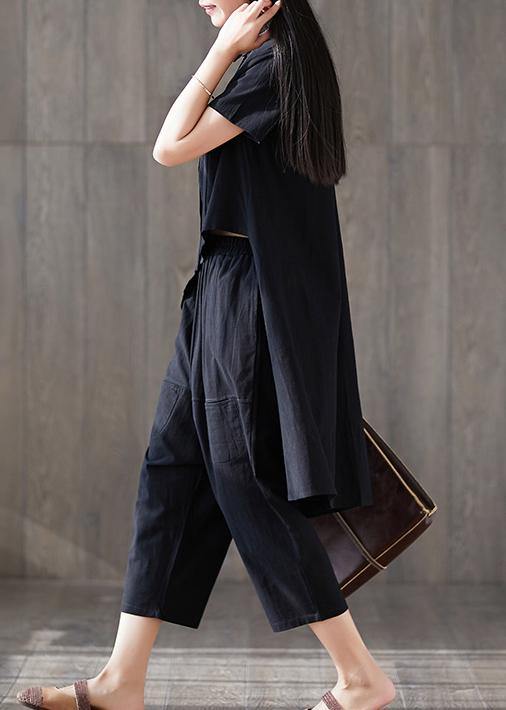 New Lapel Asymmetric Tops and Harem Pants Black Two Pieces
