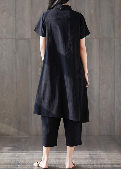 New Lapel Asymmetric Tops and Harem Pants Black Two Pieces