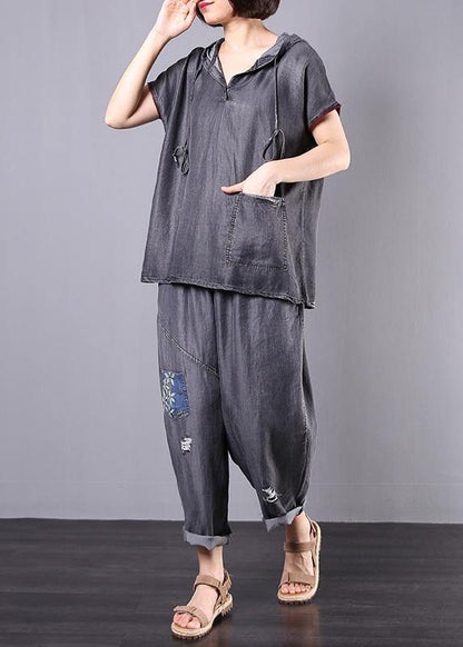 New Gray Cotton Two Pieces Hooded Pullover and Appliques Elastic Waist Pants