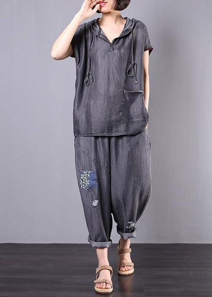 New Gray Cotton Two Pieces Hooded Pullover and Appliques Elastic Waist Pants