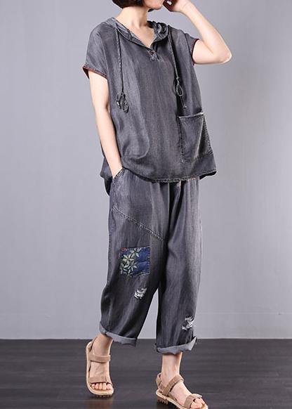 New Gray Cotton Two Pieces Hooded Pullover and Appliques Elastic Waist Pants