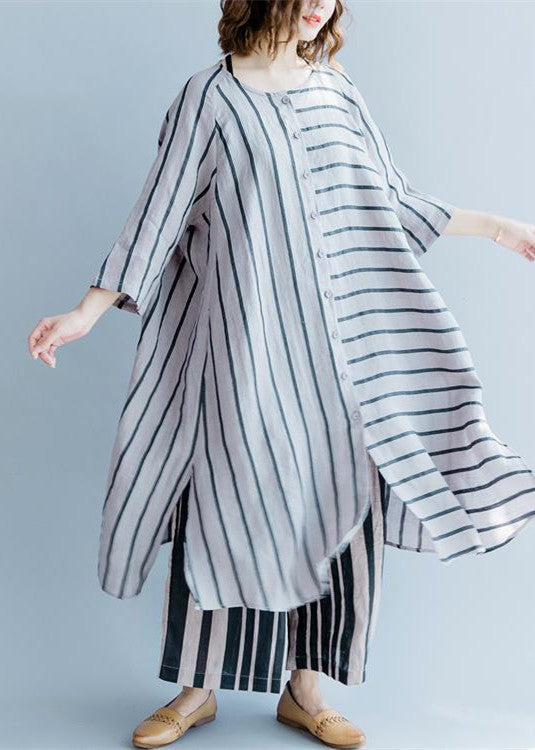 New Gray Striped Linen Dresses Asymmetric Patchwork O Neck Dress