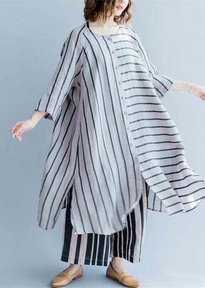 New Gray Striped Linen Dresses Asymmetric Patchwork O Neck Dress