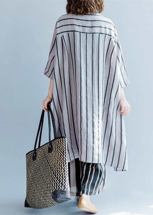 New Gray Striped Linen Dresses Asymmetric Patchwork O Neck Dress