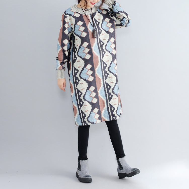 New Khaki Prints Woolen Sweater Dresses Oversize Side Open Knit Dress