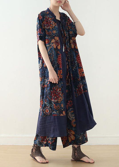 New Loose Blue Retro Print Pattern V-neck Silk Cardigan and Wide Leg Pants Two-piece
