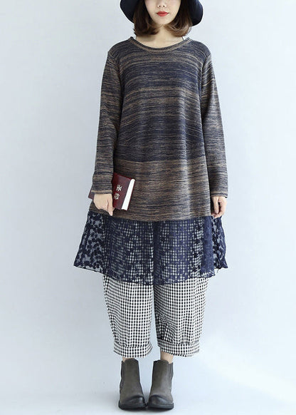 New Multi Blue Cotton Patchwork Lace Knit Dresses Mid Sweater Dress