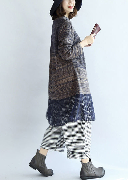 New Multi Blue Cotton Patchwork Lace Knit Dresses Mid Sweater Dress