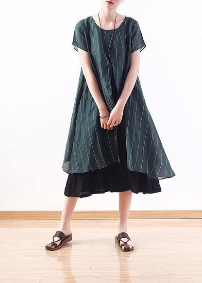 New Original Design Green Art Thin O Neck Two Pieces of Pinstripe Dress