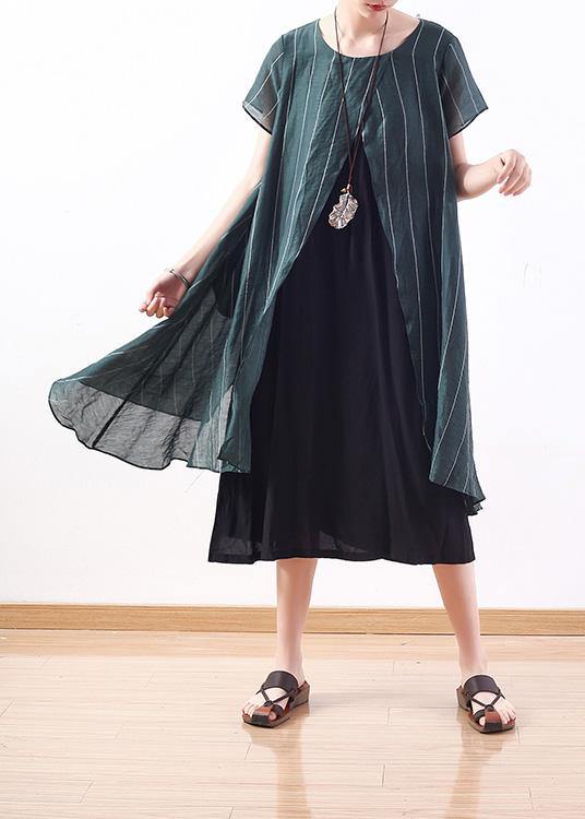 New Original Design Green Art Thin O Neck Two Pieces of Pinstripe Dress