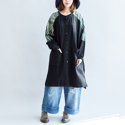 New Oversize Patchwork Green Prints Cotton Outwear Pockets Fall Coats