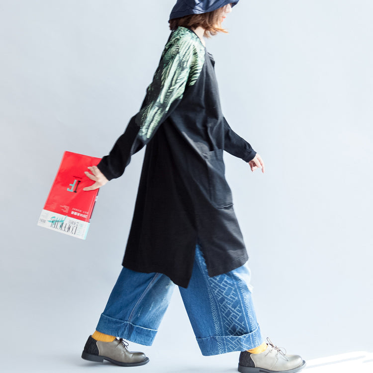 New Oversize Patchwork Green Prints Cotton Outwear Pockets Fall Coats