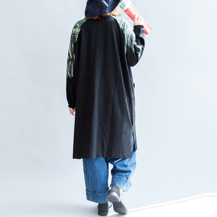 New Oversize Patchwork Green Prints Cotton Outwear Pockets Fall Coats