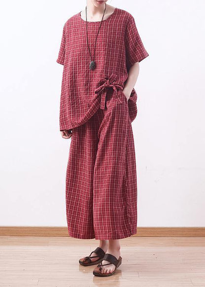 New Red Plaid Silk Two Pieces Pullover and Crop Pants