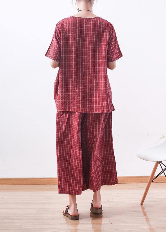 New Red Plaid Silk Two Pieces Pullover and Crop Pants
