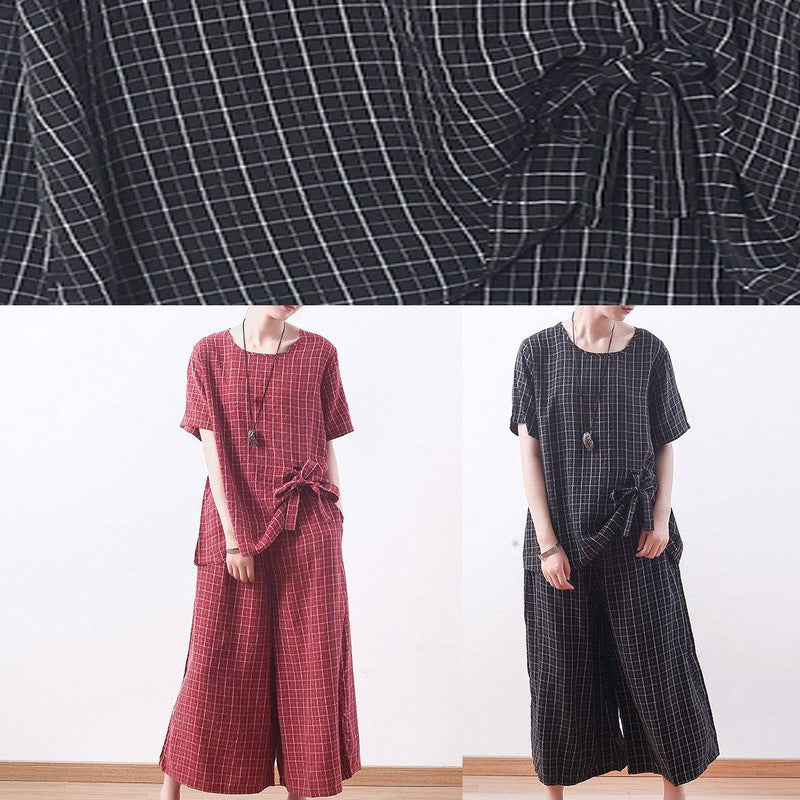 New Red Plaid Silk Two Pieces Pullover and Crop Pants