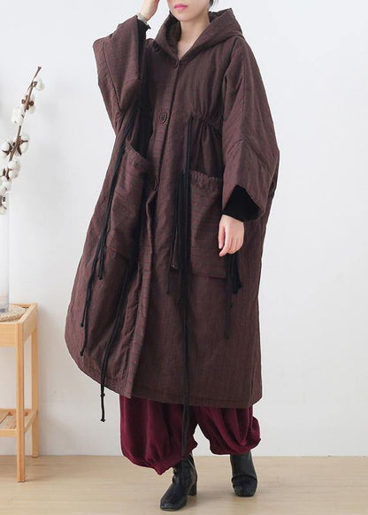 New Ribbon Big Pocket Hooded Cotton Coat Long Thick Padded Overcoat