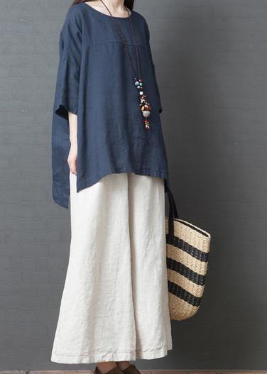 New Summer Navy O Neck Cotton Tops and White Wide Leg Pants