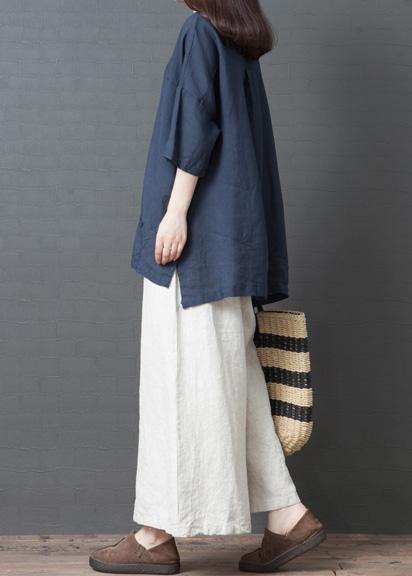 New Summer Navy O Neck Cotton Tops and White Wide Leg Pants