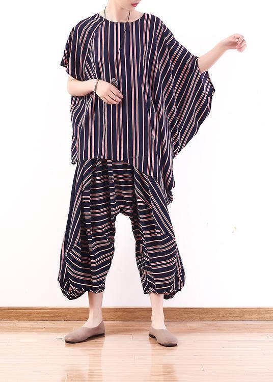 New Summer Stylish Red Blue Striped Batwing Sleeve Tops and Lantern Pants