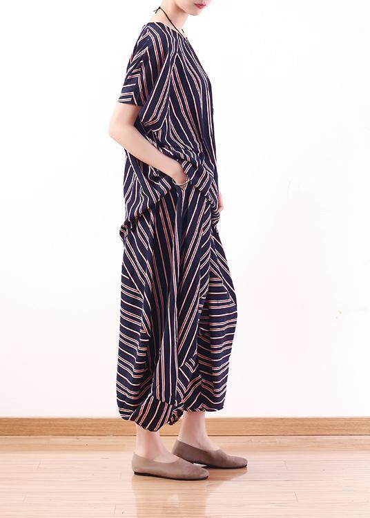New Summer Stylish Red Blue Striped Batwing Sleeve Tops and Lantern Pants
